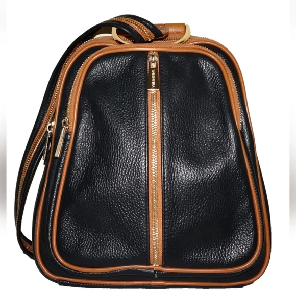 Vintage VALENTINA Black & Tan Leather Sling Bag / Backpack 11 x 10 ITALY - Picture 6 of 6